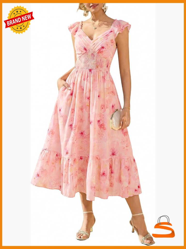 Floral Maxi Dress With Ruffle Sleeves Smocked Wedding Guest Dress With Pockets